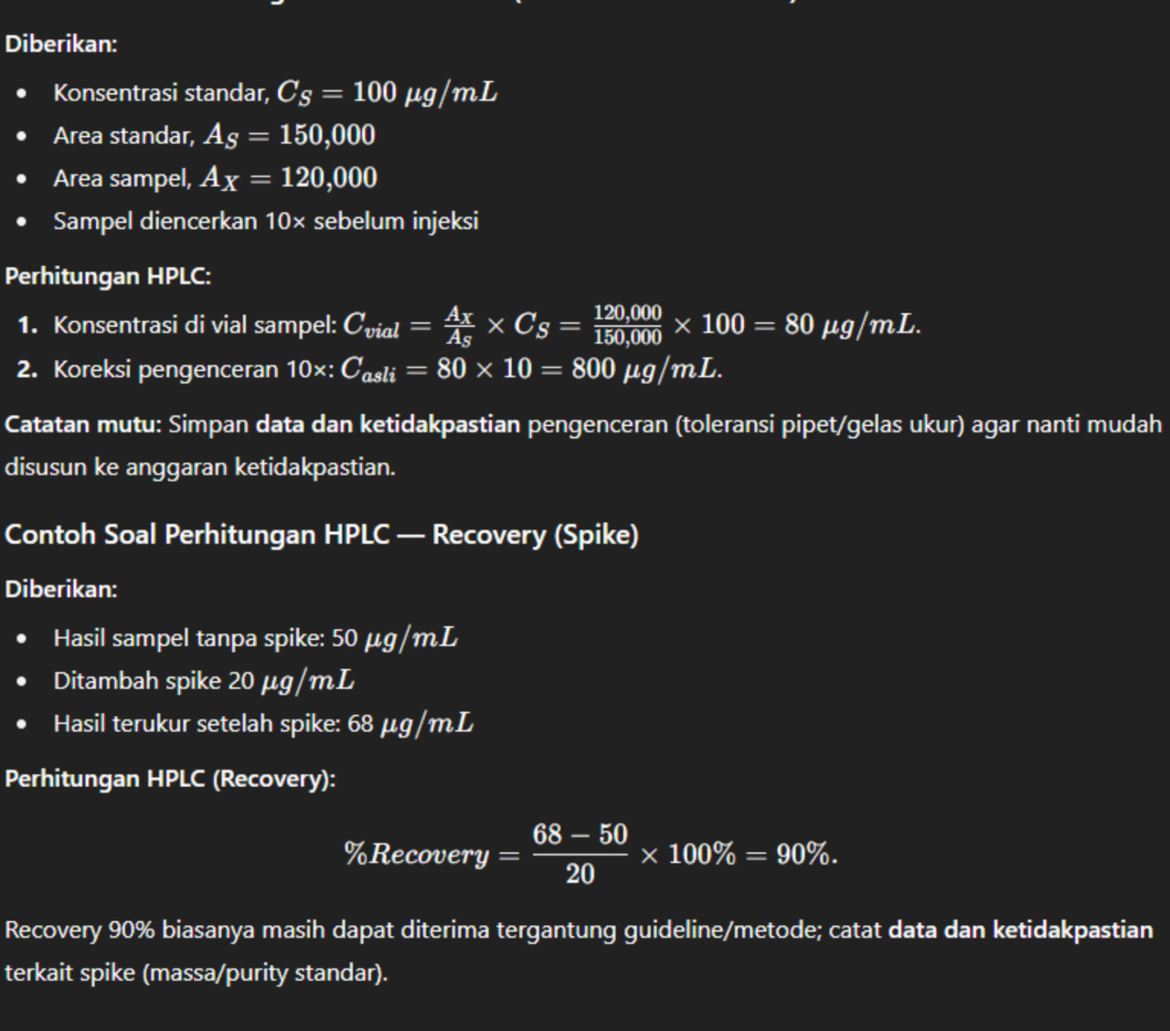 Contoh Soal Perhitungan HPLC — Kadar (Rasio Area vs Standar)