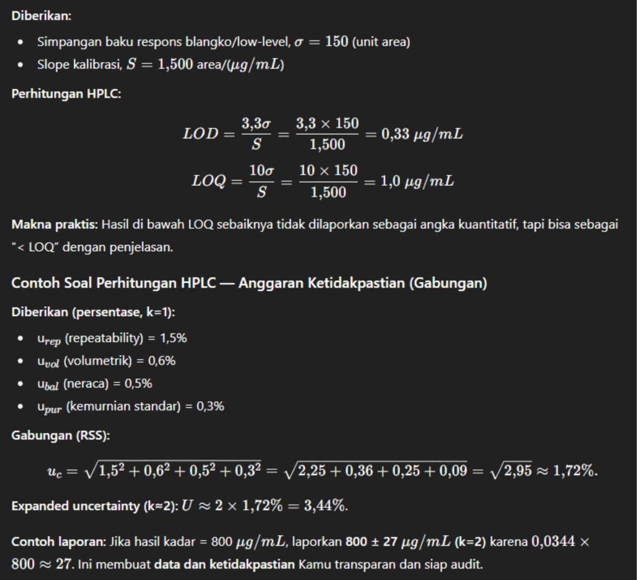Contoh Soal Perhitungan HPLC — LOD LOQ (σ & Slope)